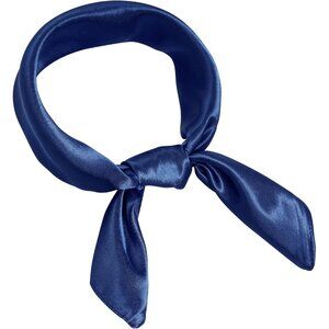 Women Navy Blue Chiffon Square Ribbon Neck Scarf Satin Handkerchief Halloween